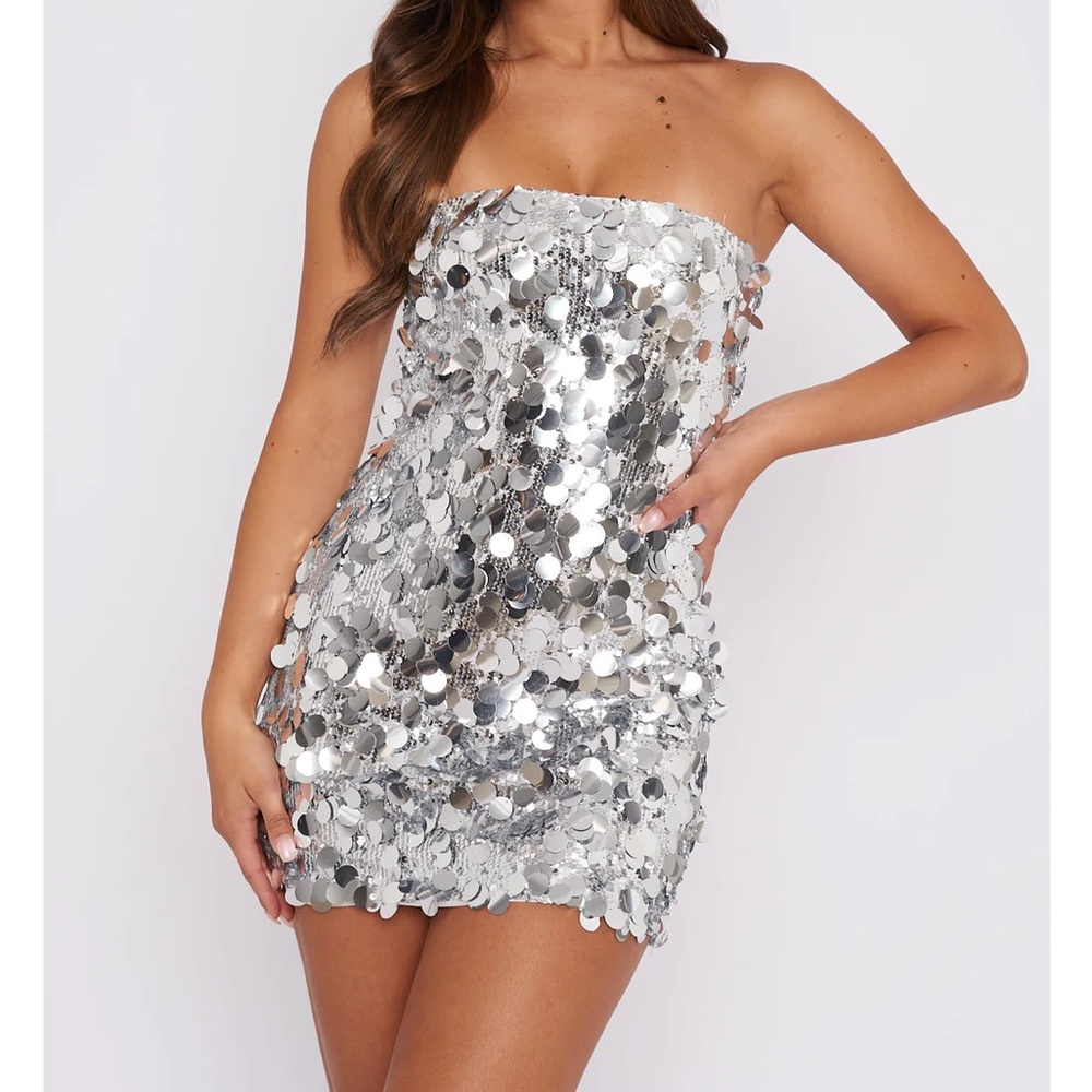 White Fox Silver sequin coin strapless mini dress XS extra small NWT